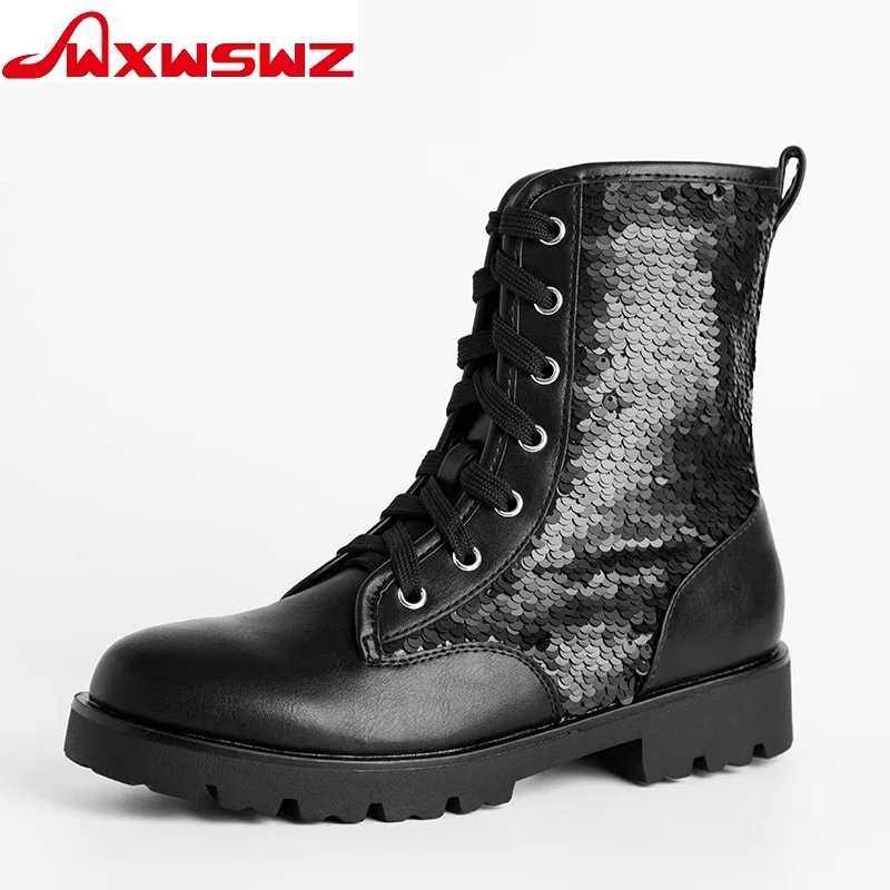 

WXWSWZ 2019 Fashionable sequined ankle boots, high quality leather lady boots for Martin bootsWomen shoes European size 36-41