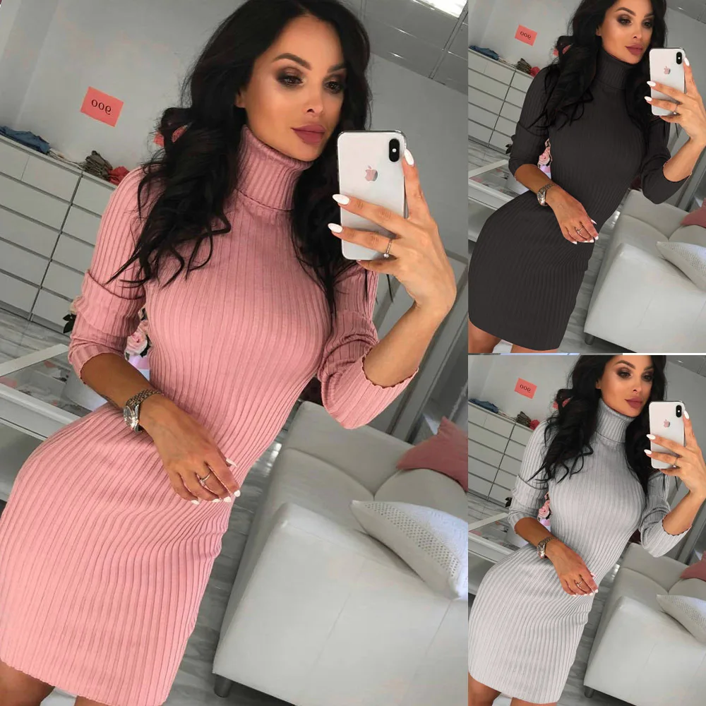 

Elegant Women Winter Office Sweaters Knitted Dress OL Lady Long Sleeve Turtleneck Slim Sweaters Women Pullovers Dress Femme Robe