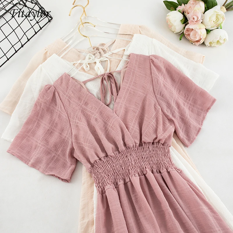 

Fitaylor Women Sexy V Neck Backless Ruffle Dress 2019 Summer Short Sleeve High Waist Elegant Beach Dress Vestidos