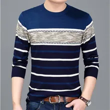 2017 O-neck sweater knit long-sleeved men’s style warm sweater solid striped autumn loose pullover XXXXL ofclothing