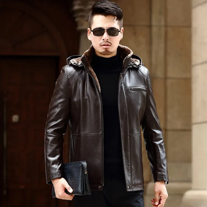 Mens Winter Fur Lining Pu Leather Jacket Business Slim Fit Hoody Coat Male High Quality Leather Motor Biker Windproof Jackets