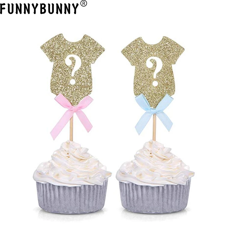

FUNNYBUNNY Silver Glitter Cupcake Toppers Onesie Party Decors with Pink and Blue Bows Wedding Cake Topper Cupcake Wrapper