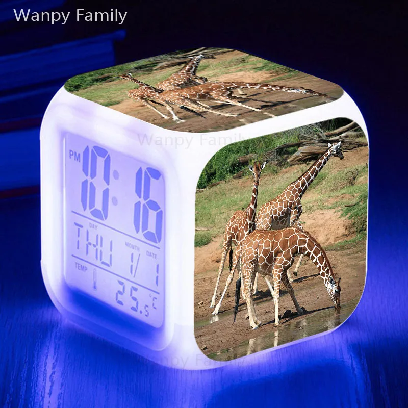 Животное Жираф Будильник 7 цветов светящийся светодиодный большой экран отображает время дата термометр сенсорный зонд цифровые часы