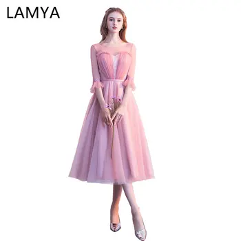 

LAMYA Tea Length Prom Dresses 2019 Bride Banquet Elegant Evening Party Dress Short Sleeve Tulle vestido formatura