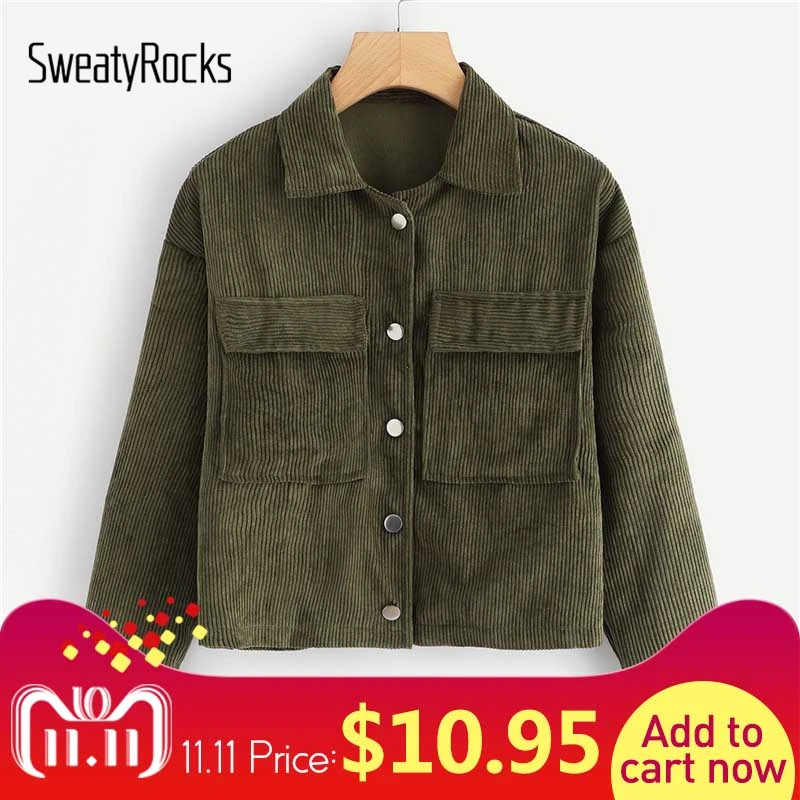 

SweatyRocks Solid Casual Dual Pocket Corduroy Coats 2018 Single Breasted Turn-Down-Collar Outerwear Autumn Women Jacket And Tops