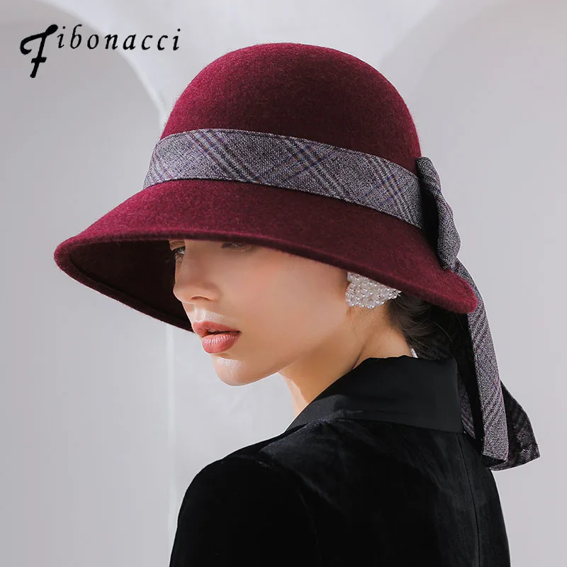 

Fibonacci 2018 New Brand Quality Female Fedoras Bow Ribbon Wool Felt Hat Bucket Topper Autumn Winter Hats for Women