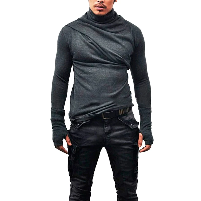 

2018 Envmenst Stylish Designed Turtle Neck Men's Long Sleeve Gloves T shirt Slim Fit Street Tees Spring Knitting Biker Shirts