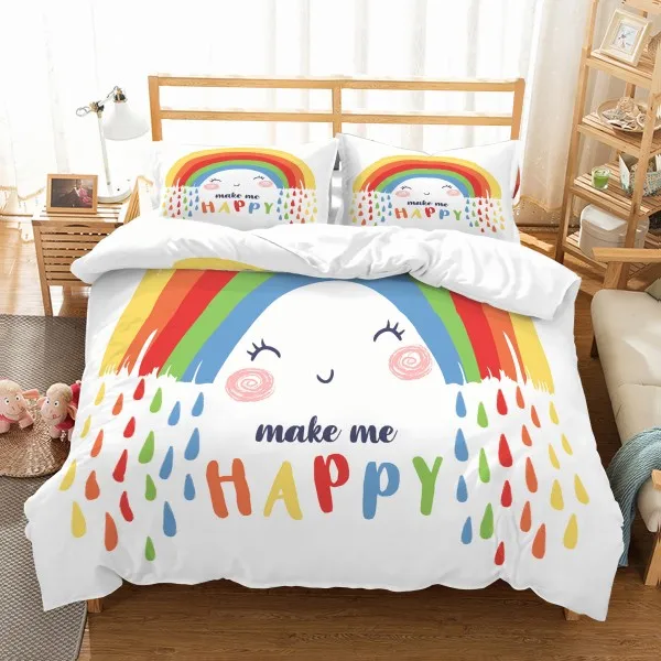 Cartoon Rainbow Kids Microfiber Bedding Set Duvet Cover Set Animals 3D Print Bed Linen Set Pillowcase Twin Full Queen Bedclothes - Color: Rainbow-1