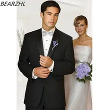 Костюмы Под заказ черный смокинг жениха Черный Блестящий Воротник slim fit костюм мужской костюм