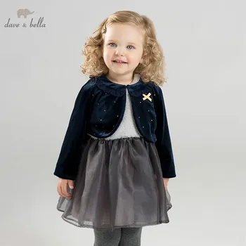 

DB8896 dave bella autumn infant baby girl's clothing sets dress kids birthday party dress toddler children navy/gray dress