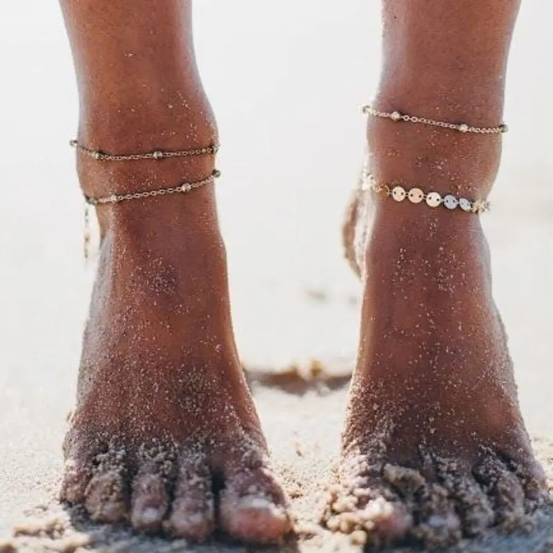 

Simple Folk Style Metallic Sequins Round Pieces Double Chain Ankle Chain Summer Hot Style Beach Foot Ornaments Women