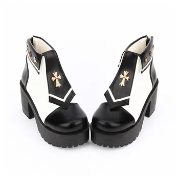 

Princess sweet punk shoes Japanese anime punk boots cool locomotive double color cross slide star Lapel Navy heel boots pu8887