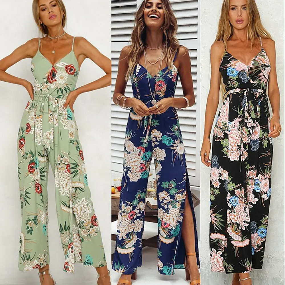 

Elegant Sexy Jumpsuits Women Sleeveless Polka Flower Loose Trousers Wide Leg Pants Rompers Holiday Backless Bow Overalls
