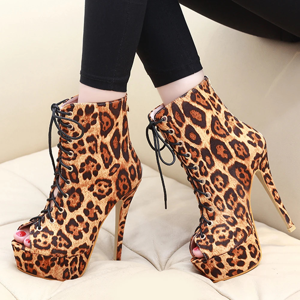 

FINDHER Women Ankle Boots 2019 Sexy Leopard Shoes Woman High Heels Lace Up Fashion Shoes Open Toe Platform Summer Autumn Boots