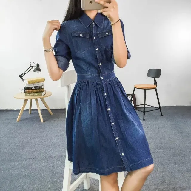 Three Quarter Sleeve One-Piece Denim Dress | Uniqistic.com