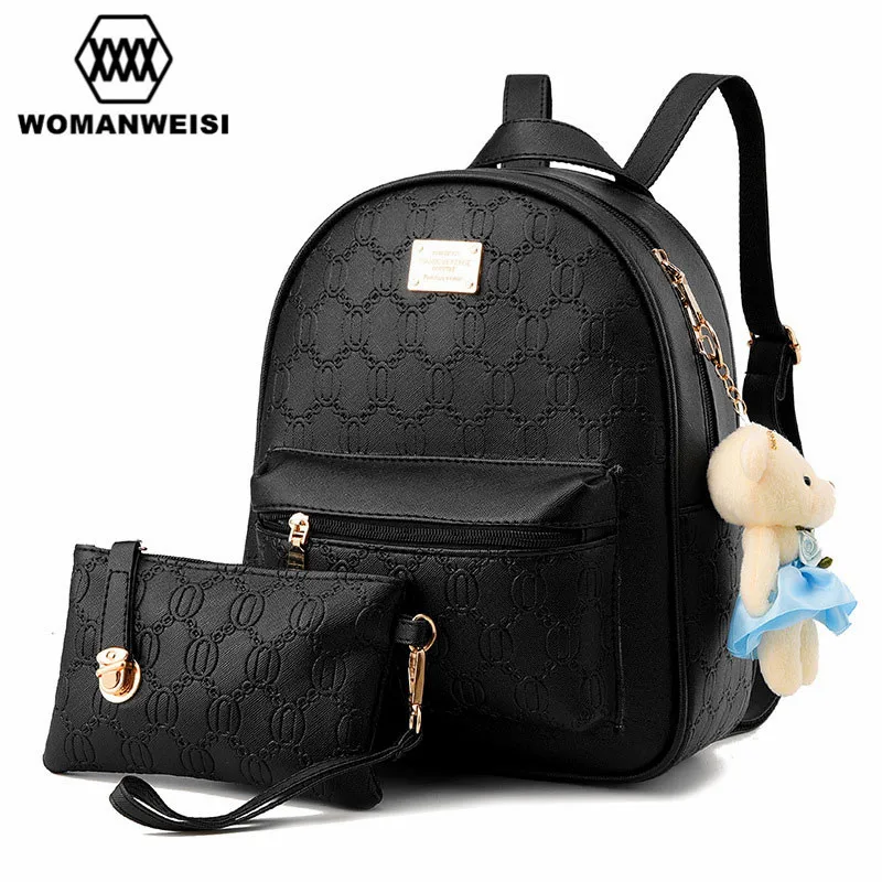 

Women Backpack Famous Brand 2018 Chains Pattern Design Leather Backpacks For Teenage Girls Bear Toys Youth School Bags Purse