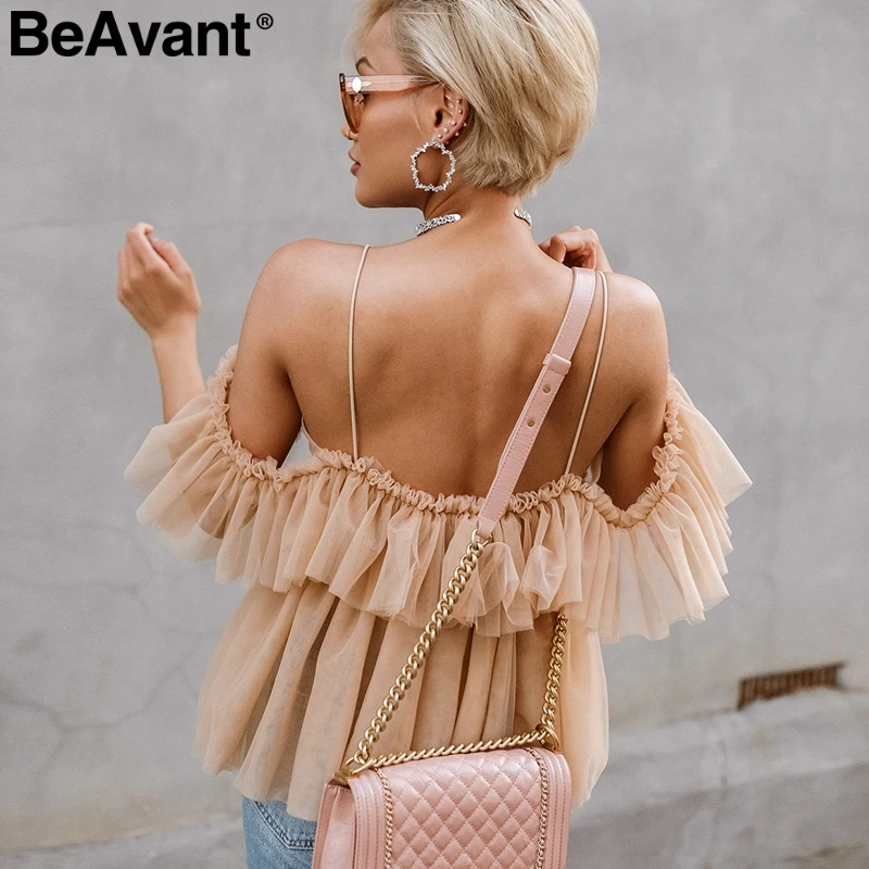 BeAvant Backless v neck sexy blouse women tops summer 2019 Off shoulder peplum top female Strap ruffle mesh blouse shirt blusas