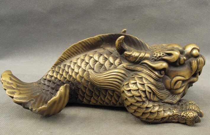 

song voge gem S2789 10" Folk Chinese Bronze FengShui Wealth Unicorn Beast Dragon Head Fish Statue