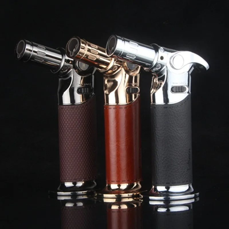 

New Leather Torch Turbo Spray Gun Lighter For Kitchen BBQ Ignition Windproof Jet Butane Gas Metal Lighter For Cigar Pipe 1300 C