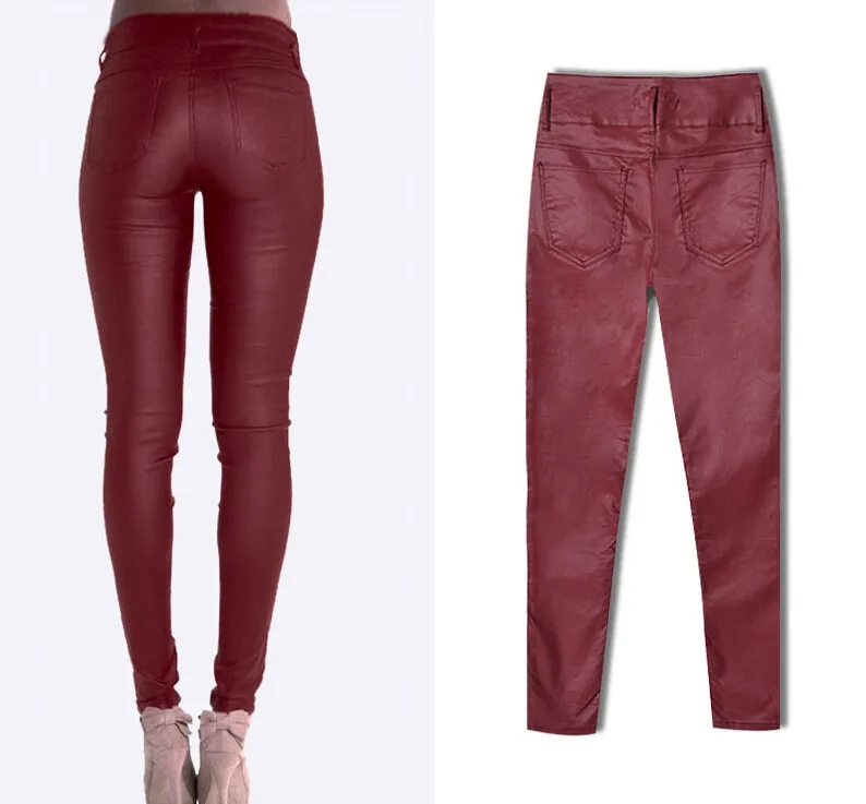 Покрытием Штаны из искусственной кожи узкие полный Длина Карандаш Брюки Solid Stretch модные, пикантные джинсы Для женщин высокой талией Кнопка молнии красные штаны