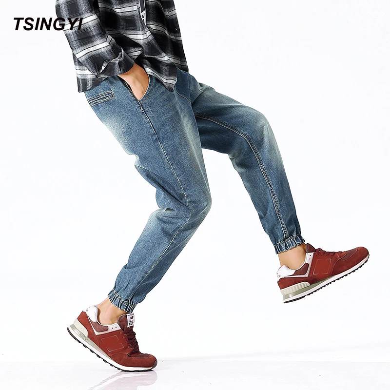 

Tsingyi Autumn Denim Stretch Elastic Low Waist Jeans Men Blue Drawstring Casual Harem Pants Homme Plus Size 4XL Mens Trousers