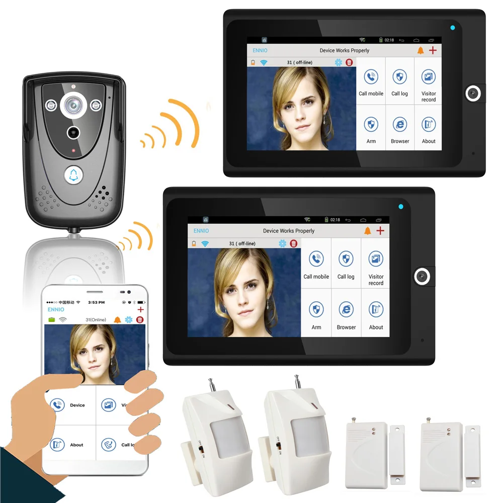 Популярные " 2 монитора WiFi беспроводной видео домофон дверной звонок ip-камера PIR ИК Ночное Видение домашняя сигнализация