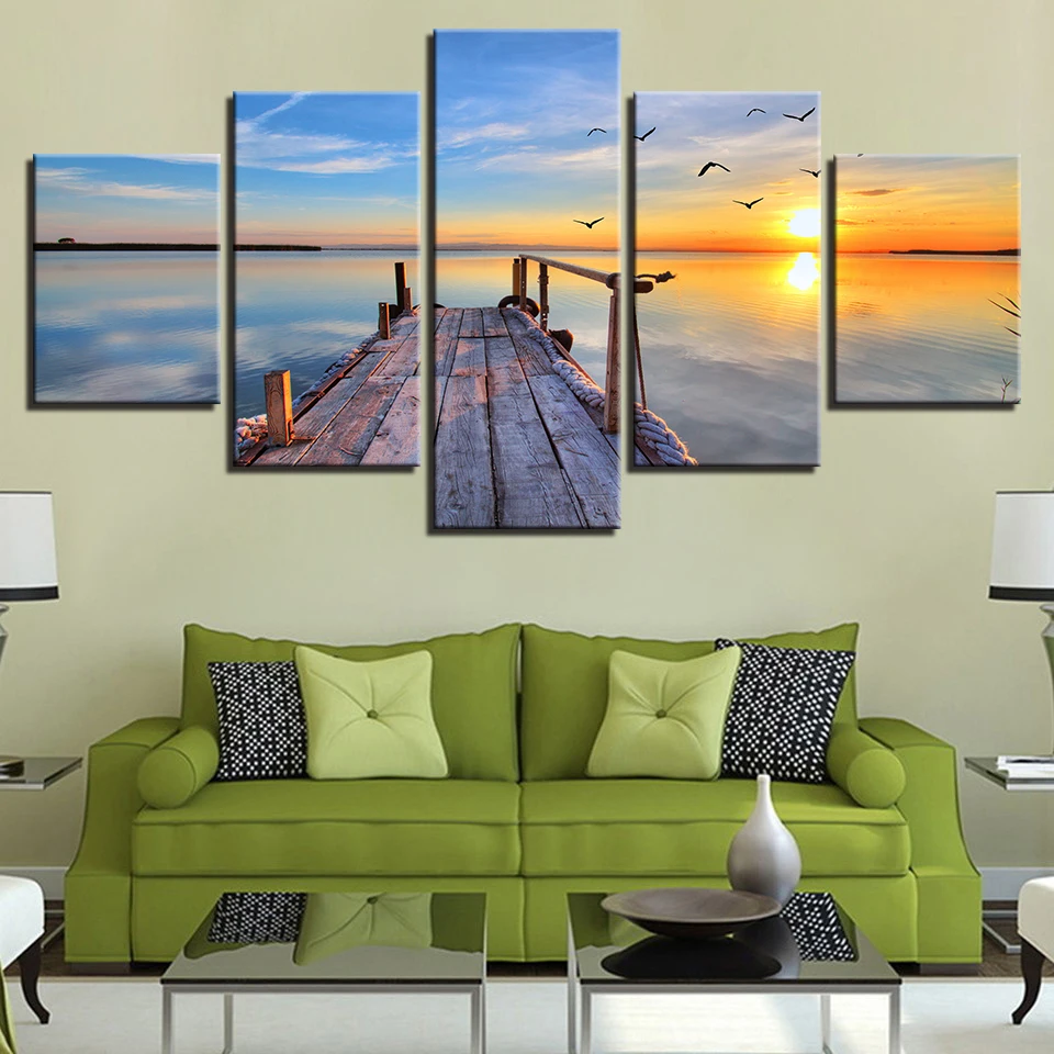 

Home Decor Living Room Wall Art Painting 5 Pieces Bridge Sunrise Lake Scenery Modular Picture Framed HD Printed Modern Canvas