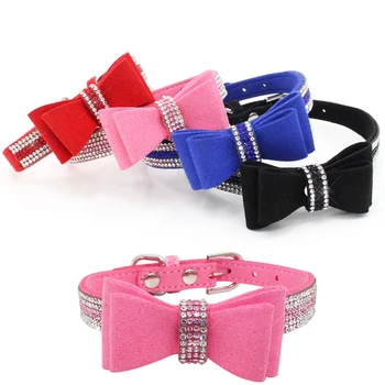 

Soft Suede Leather Pets Dog Collar Rhinestone Bowknot Small Medium Dogs Collars Puppy Cat Chihuahua Necklace