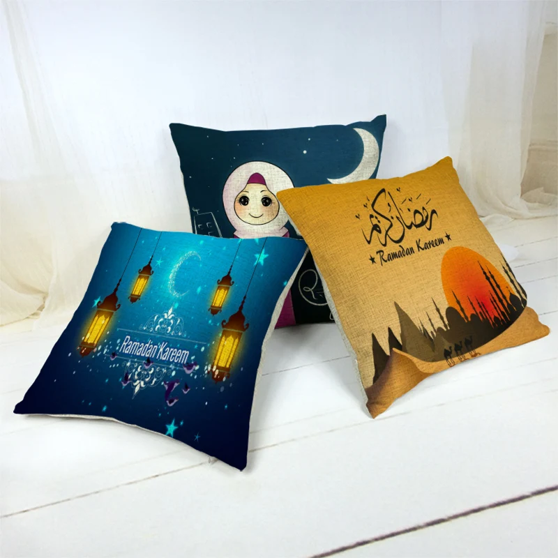 

2019 New Cartoon Ramadan Decoration Cojin Cushion Muhammad Mubarak Watercolor Moon Star Lantern Mosque 45 * 45Cm Pillowcase