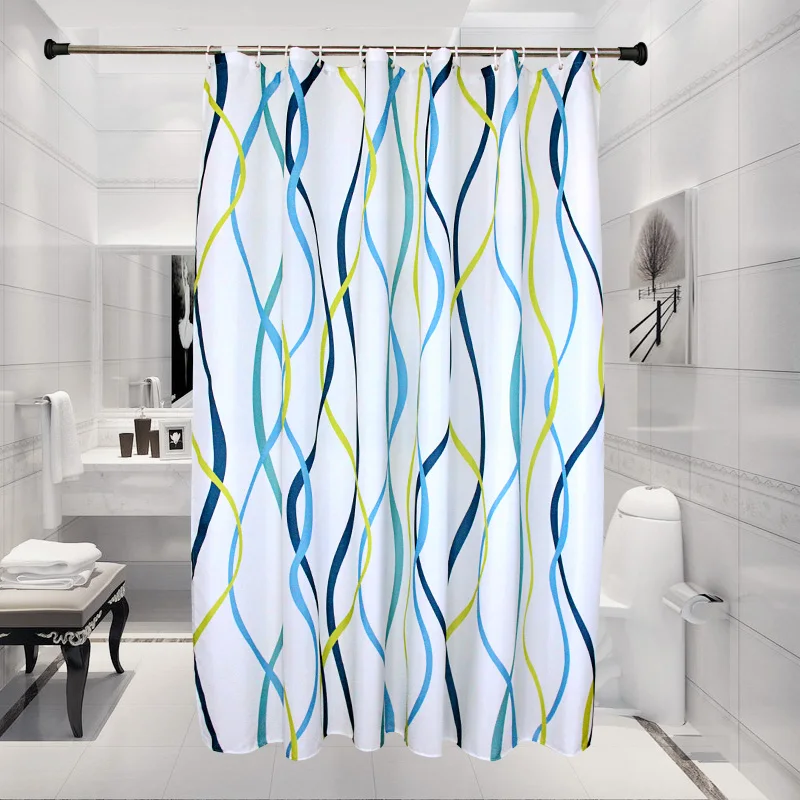 Modern Wavy Strip White Waterproof Fabric Shower Curtains for Bathroom