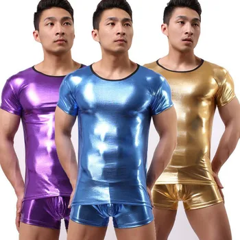 

New Hot Faux Leather Mens Undershirt Nightclub Stage Performance Lingerie Sets Male Boxer Underwear