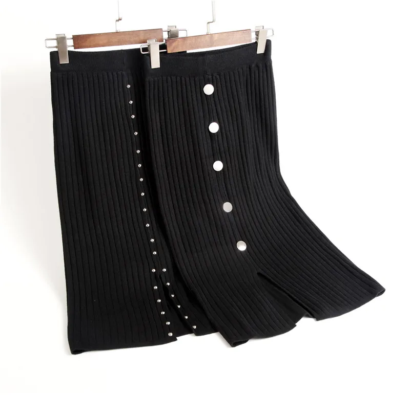 Hirsionsan юбки женские Осень Зима Высокая талия элегантная юбка карандаш Bodycon юбки пуговицы черная вязаная юбка миди