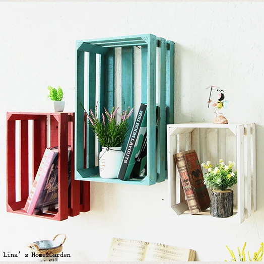 colors matching vintage shabby wooden crate shelf, floating wall crate shelf