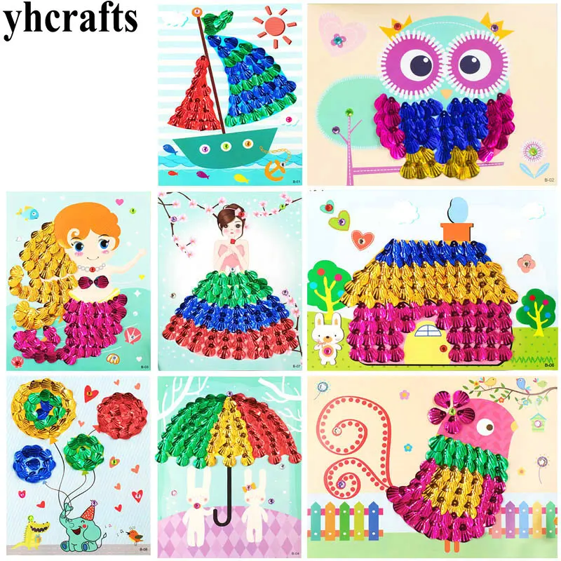 

8PCS/LOT.DIY 3D shells cards craft kit Sequins arts Kindergarten crafts Early educational toys DIY toys Hand work Intelligence