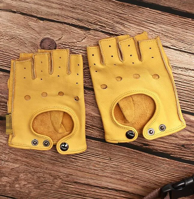 Мужские перчатки из натуральной кожи с полупальцами, мужские перчатки из натуральной коровьей кожи без пальцев, перчатки для спорта на открытом воздухе, перчатки для вождения и верховой езды R206 - Цвет: yellow