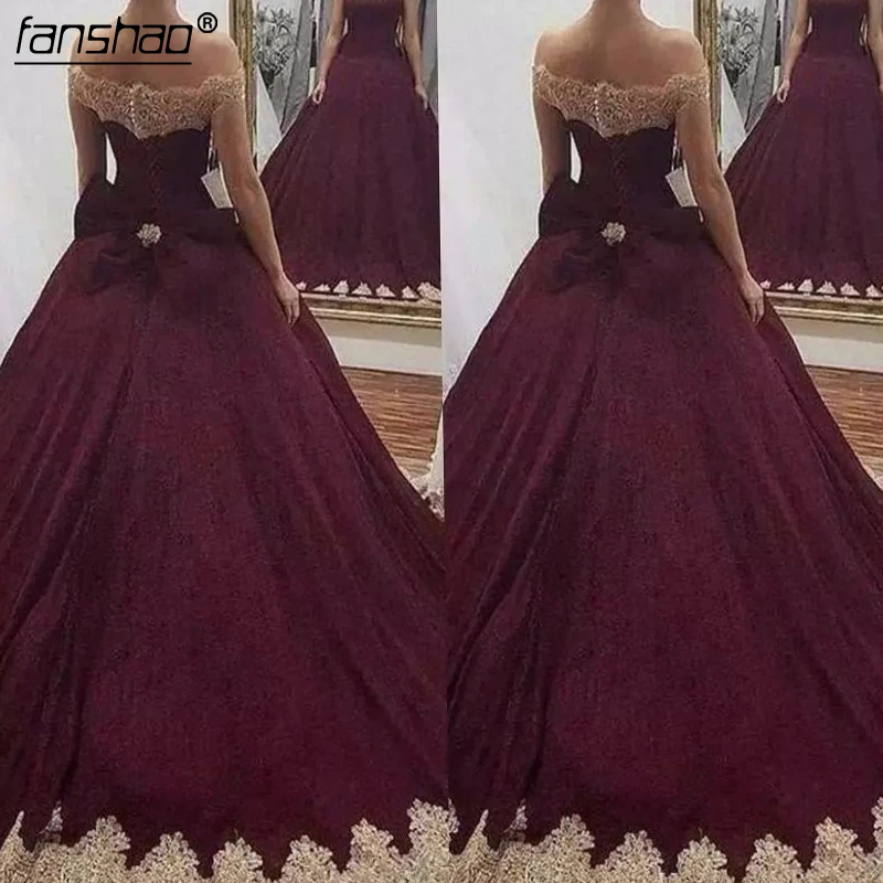 Ball Gown Quinceanera Dresses Off-Shoulder Gold Applique Sweet Sashes Girls Unique Design Popular Gowns |