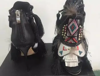 

Multicolor Rhinestone Pattern Women Lace Up Sandals Fringe Side Eskimo Style Ladies High Heels Ankle Bandage Female Party Shoes