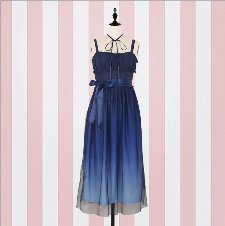 Stary Sky Gradient Blue женское летнее платье на лямках длинное Элегантное двухслойное