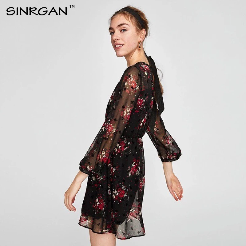 SINRGAN шифон с цветочным принтом женщин 2019 повседная платья осень зима женские