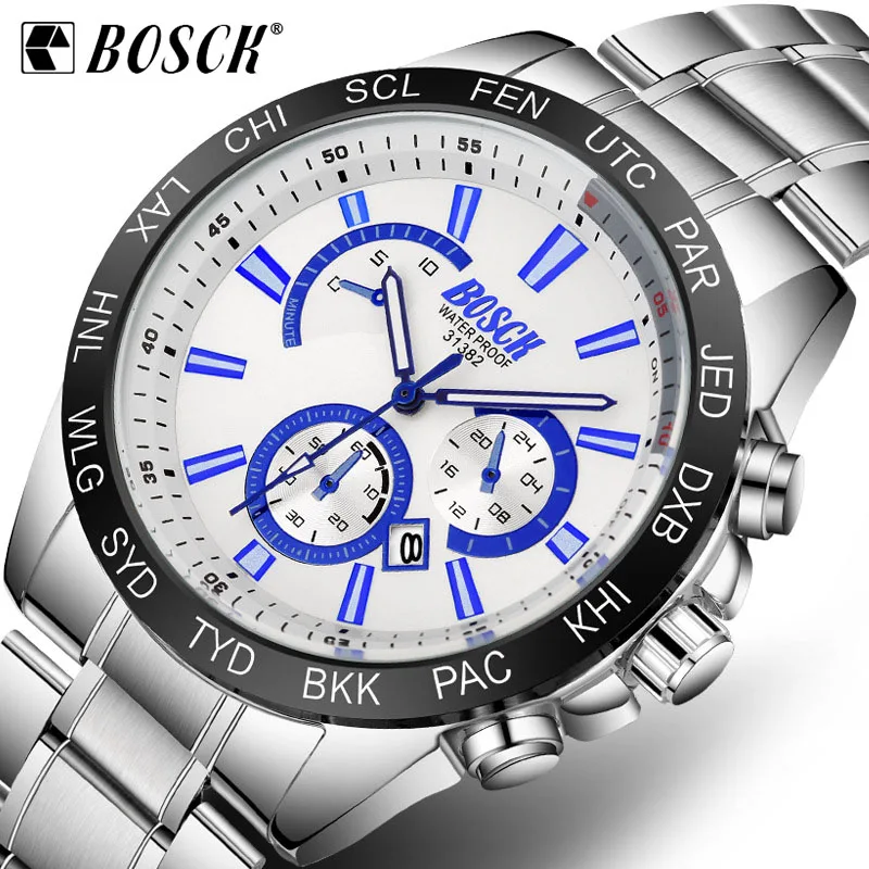 

BOSCK New Top Brand Luxury Watch Men Steel Strap Sports Wristwatch Male Multi-function Waterproof Quartz Watch Relogio Masculino