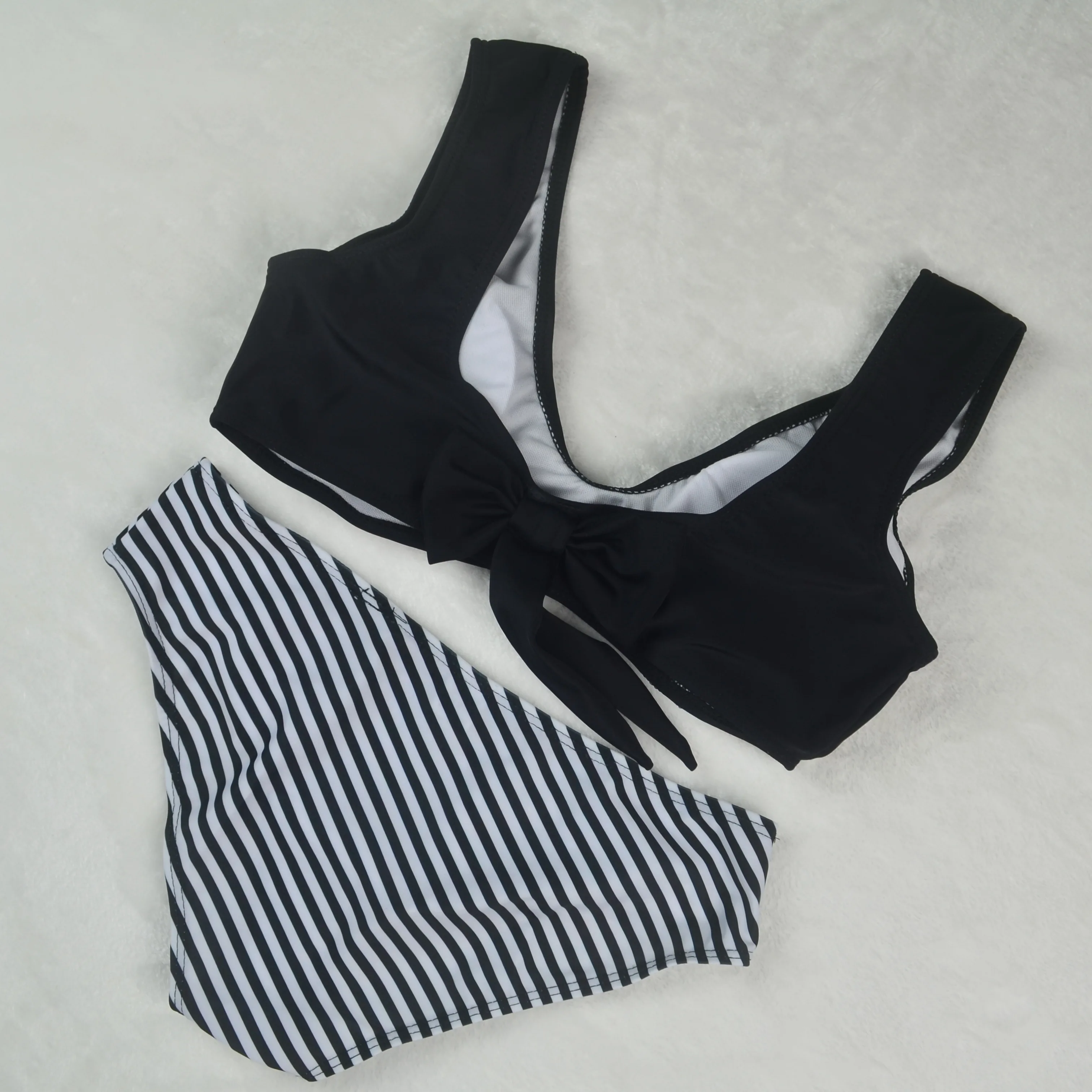 Hot Selling Sexy Women Striped Print Tube Top Split Swimsuit Bow Set Bikini High Waist Two Piece Swimwear |
