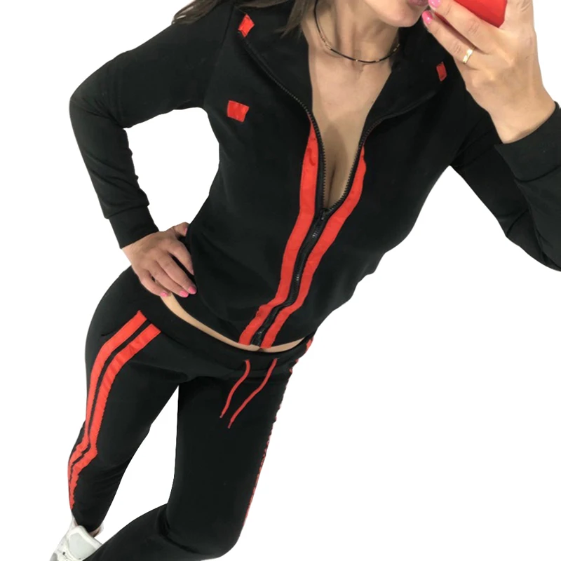 Полосатые Комбинезоны женские повседневные комплекты из 2 предметов комплект для бега модный спортивный костюм на молнии топы с длинными рукавами брюки повседневные - Цвет: 02