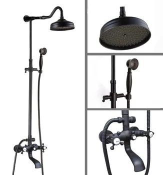 

Black Oil Rubbed Brass Dual Cross Handles Bathroom 8 Inch Round Rain Shower Faucet Set Bath Tub Mixer Tap Hand Shower mhg603