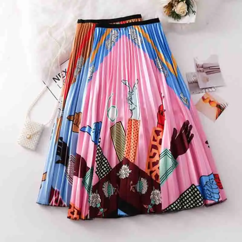 Летняя плиссированная юбка женская Европейская Высокая уличная стильная цветная длинная юбка с мультяшным принтом эластичная талия повседневные юбки трапециевидной формы
