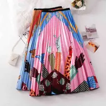 Летняя плиссированная юбка женская Европейская Высокая уличная стильная цветная длинная юбка с мультяшным принтом эластичная талия повседневные юбки трапециевидной формы