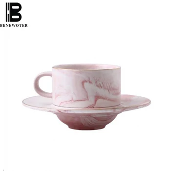 

220ml Nordic Style Marble Texture Ceramic Mug with Saucer Kit Coffee Cup Handmade Gold Plated Handle Cups Home Milk Drinkware
