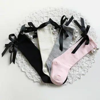 

4 Colors Newborn Baby Girl Toddler Kids Winter Solid White Cotton Brief Bowknot Princess Knee High Long Socks with Bow 0-7 Years