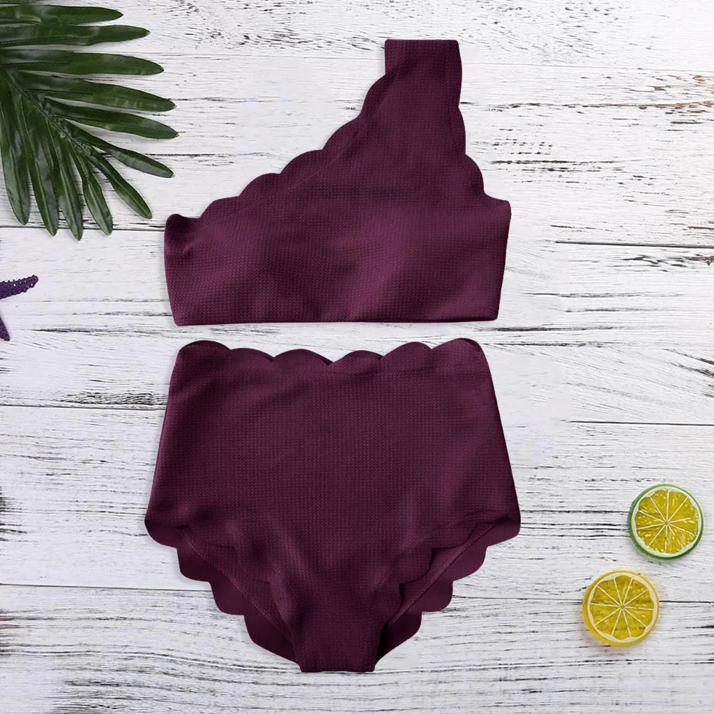 

Vintage High Waisted Swimsuit Two Pieces Scalloped Trim One Shoulder Bikini Beachwear Bathing Suit Swimming Beach Wear Biquinis