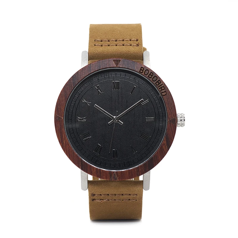 BOBO BIRD WK06 Classic Red Sandalwood&Steel Watch Rome Number Dial Face Soft Leather Strap Mens Watch As Gift Accept OEM Relogio