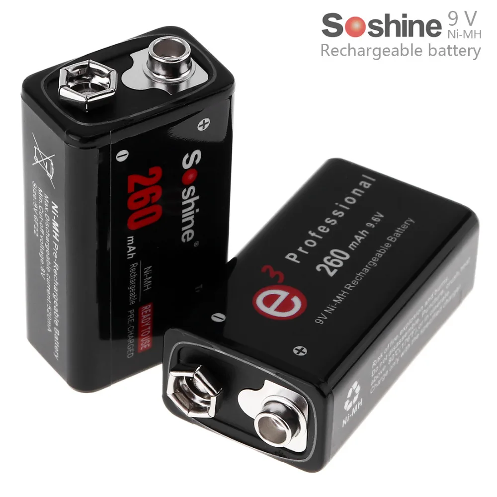 

2pcs Soshine 260mAh 9V 6F22 Battery Ni-MH NiMH Rechargeable Battery Support Pre-charged for Remote Microphone + Battery Box Case